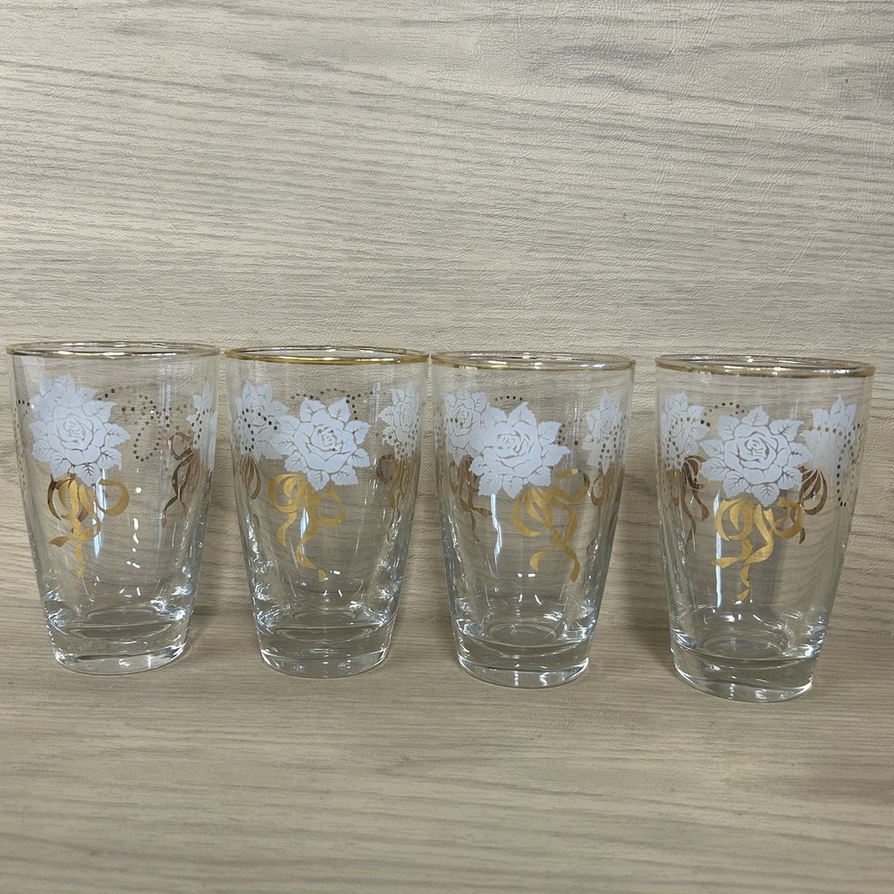 Gold & White Rose Bouquet Clear Glass Tumblers Set Of 4 Vintage 5.25"H